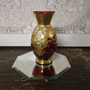 Vintage Cranberry Ruby Glass Bud Vase with Gold Gilt & Floral Detail